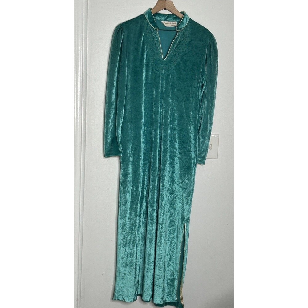 Vtg 80s Oscar de la Renta Aqua Blue Velour Maxi Dress Caftan 22” Chest 52” L